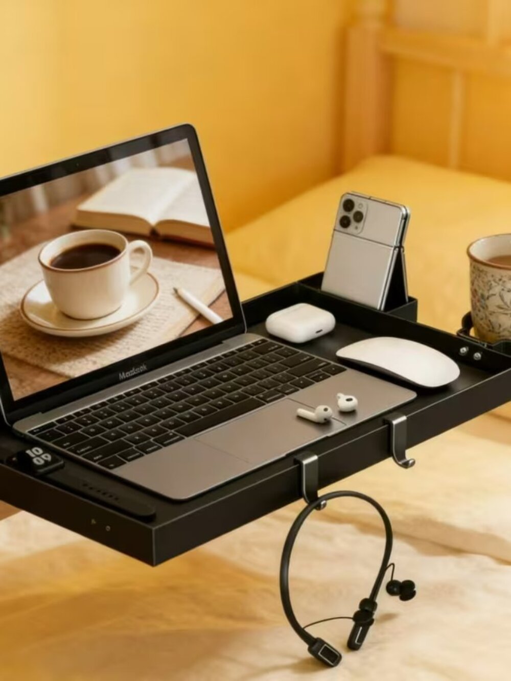 90° Foldable Metal Clip-On Bedside Shelf Heavy Duty Bed Side Table Tray